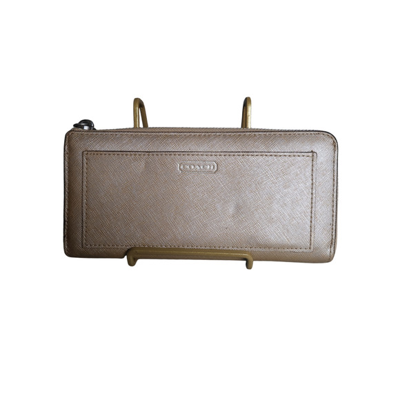 Coach Leather Zip-Around Bifold Wallet Gold with Front Slip Pocket 8 Card Slots - Picture 1 of 8